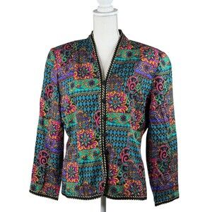 Adrianna Papell Safe Silk Jacket Blazer Gold Trim Gorgeous Colors Size 14